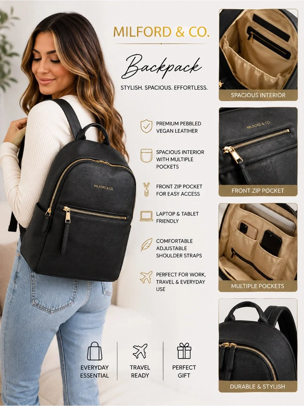 Black Pebbled Vegan Leather Backpack